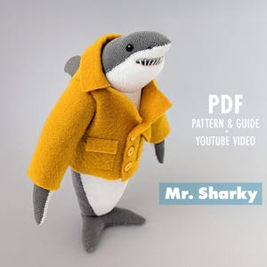 Shark stuffed animal sewing pattern PDF, handmade textile soft toy in felt jacket tutorial, DIY funny smiling softie detailed digital guide
