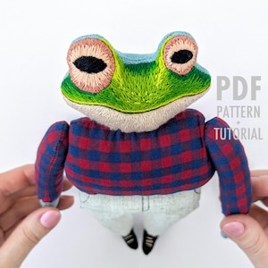 Frog stuffed animal hand embroidery and sewing pattern PDF, unique handmade toad rag doll tutorial, DIY fabric soft toy digital guide.