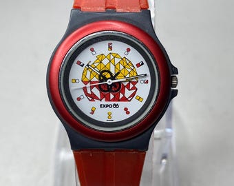 Vintage EXPO '86 Vancouver World's Fair Swiss Made horloge | Rood quartzhorloge | Verzamelsouvenir | Memorabilia wereldtentoonstelling 1986