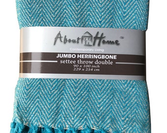 Plaid / coperte in cotone con motivo chevron a spina di pesce con frange (TEAL)