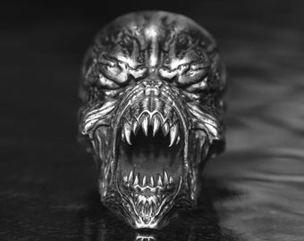 Demon Head Skull Ring, 925 Silver for Men, Horrible Gothic Skull Ring, Harley Biker Skull Antique Ring, Skeleton Head, Gothic Jewelry