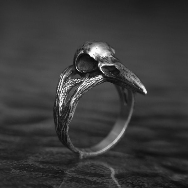 Bague tête de mort corbeau, amulette arbre, bague en argent 925, bague massive tête de mort de motard, bijoux gothiques, bague tête de mort unisexe corbeau, cadeau pour des amis