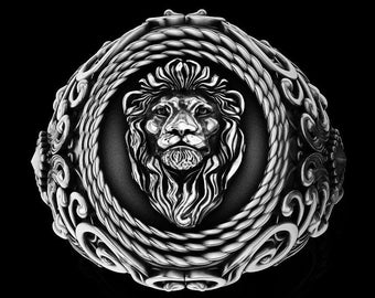 Bague lion en argent, bague zodiaque Lion, chevalière lion, bague en argent sterling, bague baroque en argent, bague pour homme femme, bijoux animaux gothiques