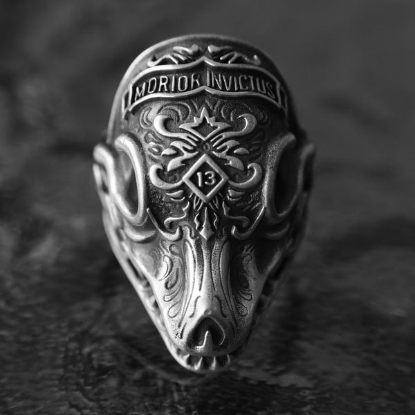 Morior Invictus Head Handmade Ring, 925 Silver, Biker Ring, Handcrafted Latin-Inspired Jewelry, Solid Back, Gothic Ring, Anniversary Gift