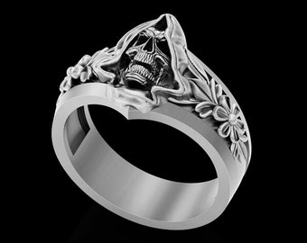 Ghost Black Silver, Skull Ring, Skulls Handmade Sterling Silver Men Biker Ring, Skull Heads Silver Gothic Ring, Handmade Silver Ring, Gifts