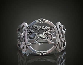 Celtic Dog with Knot Ring for Men in Sterling Silver, Celtic Knot Ring, Sterling Silver Norse Mythology Jewelry, Antique Silver Gift Ring