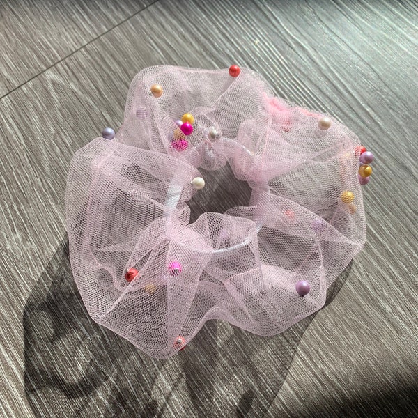 Pink Tulle and Multicolor Pearl Oversized Scrunchie