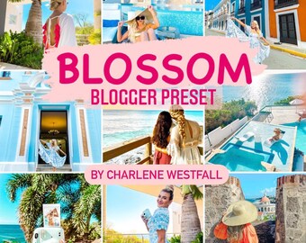 May include: A collage of photos featuring a woman in various locations, including a blue building, a pool, and a beach. The photos are edited with a warm, vibrant color palette. The text "BLOSSOM BLOGGER PRESET BY CHARLENE WESTFALL" is displayed on the collage.