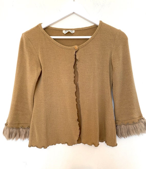 Vintage Miu Miu Like Cardigan With Fur Trim Crop Beige Cute
