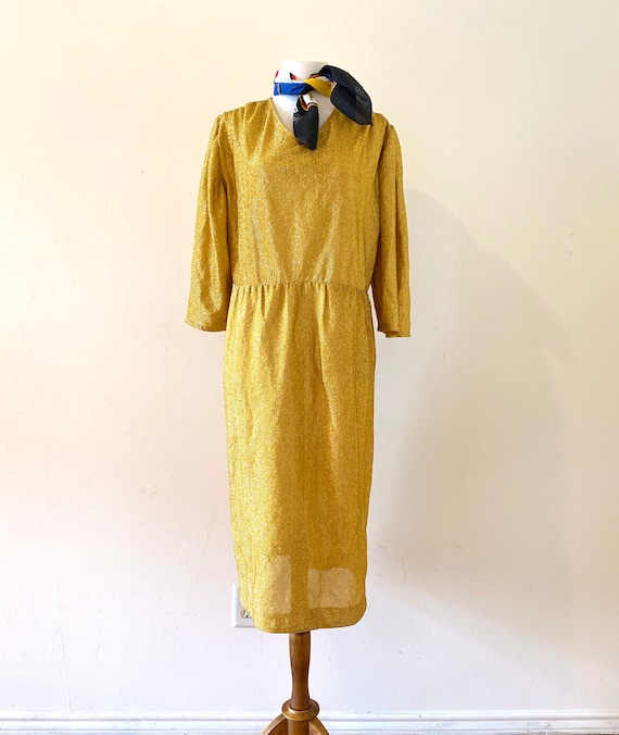 60s Vintage Dress, gold summer dress, minimal gol