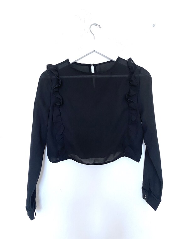VTG Ruffle Cropped Black Long-Sleeve Blouse Size:X