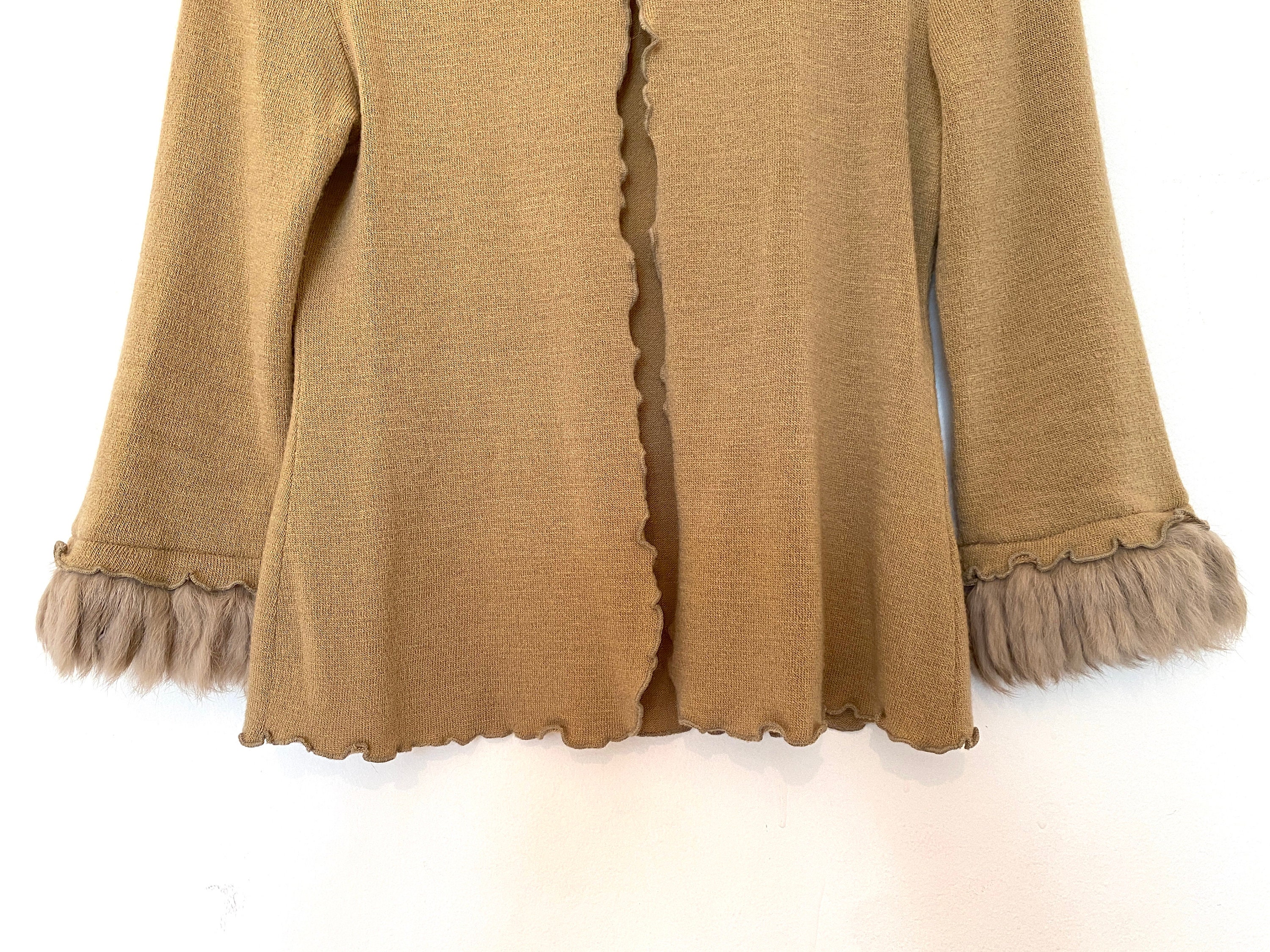 Vintage Miu Miu Like Cardigan With Fur Trim Crop Beige Cute