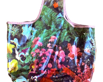 Vintage Whimsical Flower print Bucket Bag, 70s Psychedelic Flower Tote bag