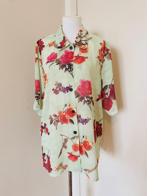 Vintage Cute Mint Green Flower Print Boxy Shirt S… - image 1