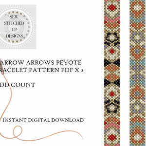 May include: A digital download pattern for two beaded bracelets with a narrow arrow design. The bracelets are made with peyote stitch and have an odd count. The pattern is available in PDF format.