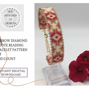 May include: A red and white beaded bracelet with a diamond pattern. The bracelet is on a white stand and has a gold clasp. The text "SEW STITCHED UP DESIGNS" is in a circle on the left side of the image. The text "NARROW DIAMOND PEYOTE BEADING BRACELET PATTERN PDF ODD COUNT INSTANT DIGITAL DOWNLOAD" is below the bracelet.