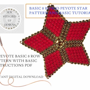 May include: A red and gold beaded star, made with peyote stitch, with the text "BASIC 8 ROW PEYOTE STAR PATTERN AND BASIC TUTORIAL" above it and "3D PEYOTE BASIC 8 ROW PATTERN WITH BASIC INSTRUCTIONS PDF" below it.