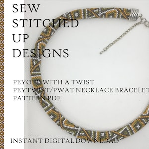 May include: A beaded necklace and bracelet pattern in a peyote stitch with a twist. The pattern is available as a digital download. The necklace is made with green, brown, and white beads. The pattern is called "Peytwist/Pwat Necklace Bracelet Pattern PDF".