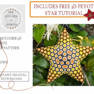 Peut inclure: Une étoile en forme d'étoile en perles jaunes et orange avec un motif en nid d'abeille. L'étoile est suspendue à une branche verte feuillue. Le texte "INCLUDES FREE 3D PEYOTE STAR TUTORIAL" est dans un encadré rouge en haut de l'image. Le texte "HONEYCOMB 3D PEYOTE STAR PATTERN PDF 24 ROWS INSTANT DIGITAL DOWNLOAD" est dans un encadré blanc en bas de l'image.