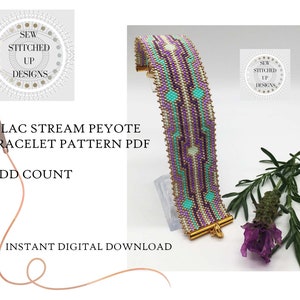May include: Lilac Stream Peyote Bracelet Pattern PDF, an odd count beading pattern for a bracelet with a turquoise, purple, and gold color scheme.  The pattern is available as an instant digital download.