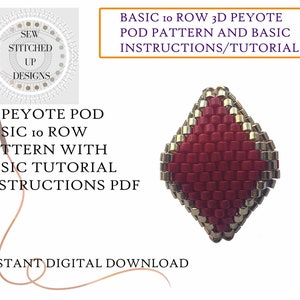 May include: A red and gold 3D peyote pod bead pattern with instructions. The pattern is called "Basic 10 Row 3D Peyote Pod Pattern and Basic Instructions/Tutorial".