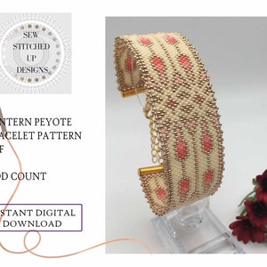 May include: A beaded bracelet with a lantern peyote stitch pattern in white, pink, and gold beads. The bracelet is on a white display stand. The text "LANTERN PEYOTE BRACELET PATTERN PDF ODD COUNT INSTANT DIGITAL DOWNLOAD" is on the image.