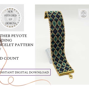 May include: A beaded bracelet pattern in a blue, green, and gold color scheme. The pattern is called "Slither Peyote Beading Bracelet Pattern PDF Odd Count" and is available for instant digital download.