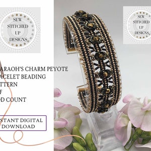 May include: A black and gold beaded bracelet with a peyote stitch pattern. The bracelet is displayed on a clear stand with pink flowers in the background. The text "PHARAOH'S CHARM PEYOTE BRACELET BEADING PATTERN PDF ODD COUNT" is displayed below the bracelet. The text "INSTANT DIGITAL DOWNLOAD" is displayed in a pink rectangle below the text.