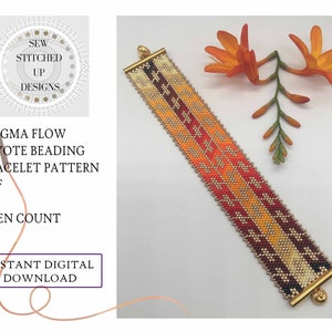 May include: A beaded bracelet pattern in PDF format, featuring a colourful design with red, orange, and yellow beads. The pattern is for an even count peyote stitch bracelet. The image also includes the text "Magma Flow Peyote Beading Bracelet Pattern PDF Even Count Instant Digital Download".