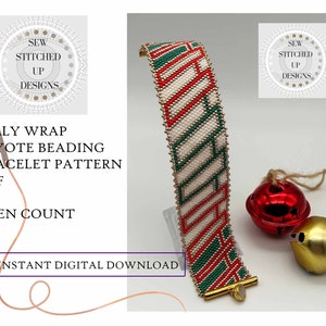 May include: A red, green, and white beaded bracelet with a gold clasp. The bracelet is made using the peyote stitch and has a geometric pattern. The image includes the text "Jolly Wrap Peyote Beading Bracelet Pattern PDF Even Count Instant Digital Download".