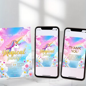 Convite de aniversário de unicórnio, modelo digital editável, convite para festa mágica, cartão de aniversário para meninas para impressão, download instantâneo, tema de arco-íris