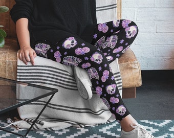 Raven Rose Vintage Lavender on Black Lounge Pants Boho Goth Comfy Soft Chill Out or Work Out Loose fit full length extra long size option