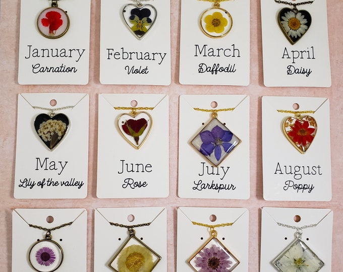 Handmade Birth Month Flower Necklace- Real Pressed Flowers