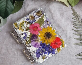 Handmade Refillable Sunflower & Purple A7 Flower Notebook | floral Journal | Real Flower Sketchbook