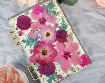 Handmade Refillable Pink A5 Flower Notebook | Teal floral Journal | Real Flower Sketchbook
