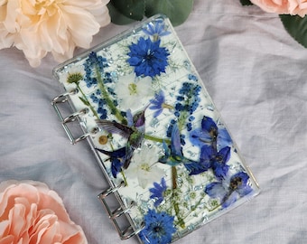 Handmade Refillable Blue & White A6 Flower Notebook | Hummingbird floral Journal | Real Flower Sketchbook