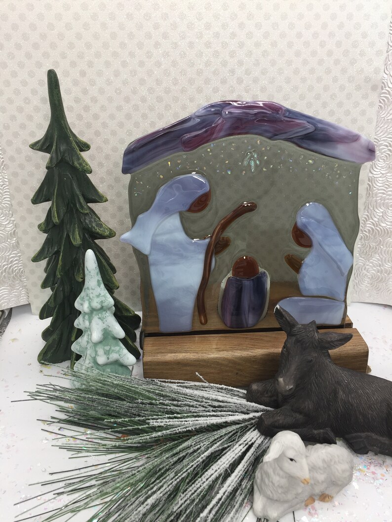 Fused Glass Nativity Lighted Manger Scene Joseph Mary and Etsy