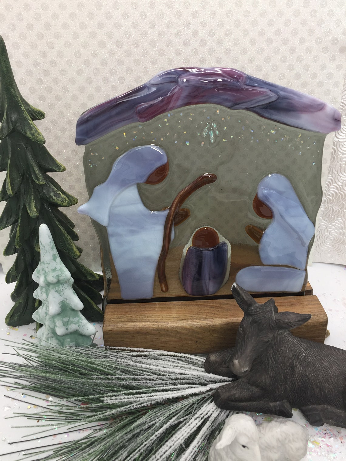 Fused Glass Nativity Lighted Manger Scene Joseph Mary and Etsy