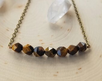 Tiger's Eye Bar Necklace / Tiger's Eye Necklace / Natural Star Cut Tiger's Eye Beaded Necklace / Gold Tiger's Eye / Crystal Healing Jewelry