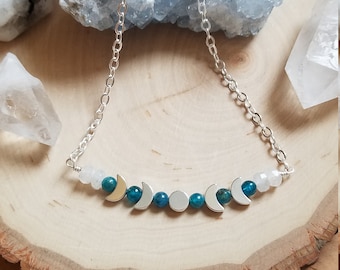 Silver Moon Phase Necklace / Moon Phase Necklace with Blue Apatite and Rainbow Moonstone beads / Celestial Jewelry / Crystal Healing Jewelry