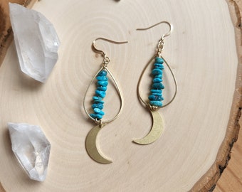 Genuine Turquoise and Brass Moon Earrings / Brass Crescent Moon Earrings / Celestial Jewelry / Boho Style / Moon Dangle Earrings