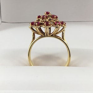 May include: A gold ring with a cluster of red ruby stones set in a flower-like design.