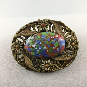Neiger brothers Art Deco brooch Czech spatter glass cabochon flowers and leaves 1930s