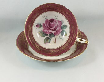 Paragon 4 large cabbage roses scarce  tea cup saucer deep pink gold double warrant 1940s  wide mouth