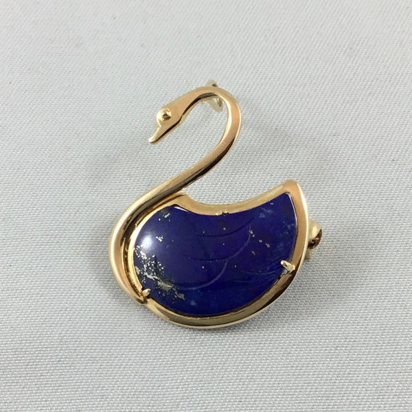 Lapis Lazuli 14k yellow gold swan pendant brooch pin