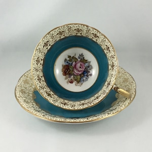 J A Bailey  blue Aynsley Rose flowers  cup and saucer  gold multi fleur de lis signed