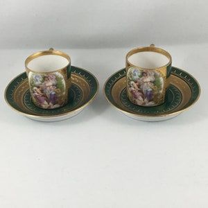 Miniature pair Royal Vienna Style porcelain cup and saucer beehive mark