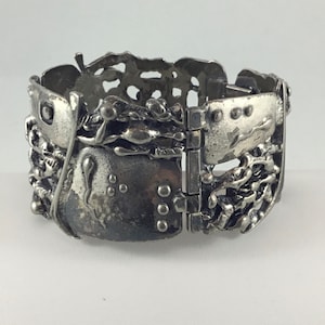 Guy Vidal brutalist pewter bracelet seed of life fertility chunky signed 1970s