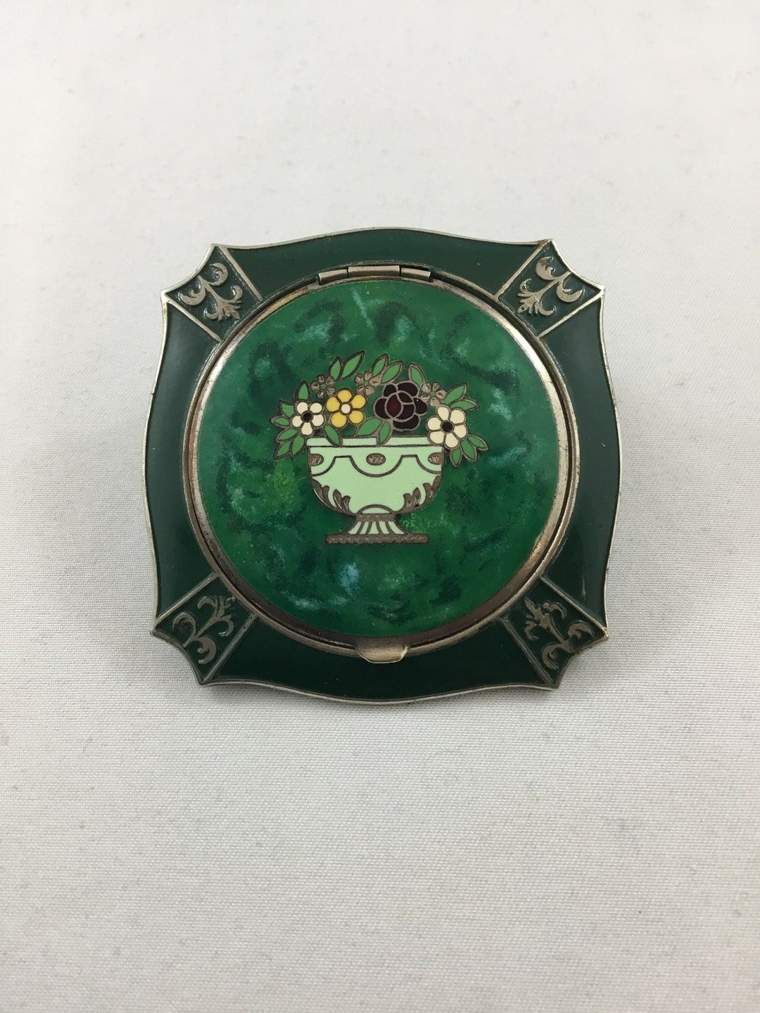 Art Deco Floral Compact Powder and Rouge Green Enamel 1930s - Etsy
