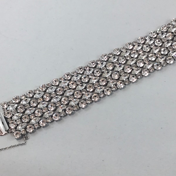 Sherman 7 row clear rhinestone wide bracelet silver rhodium back signed 1960s